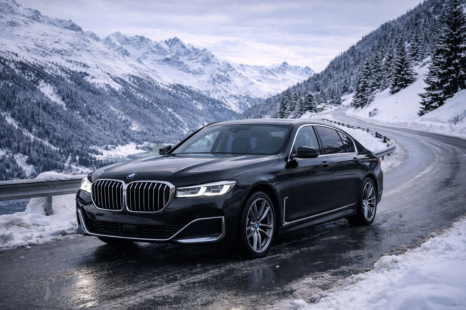 BMW Série 7 avec chauffeur privé à Davos dans les Alpes suisses pour transport VIP et limousine de luxe
