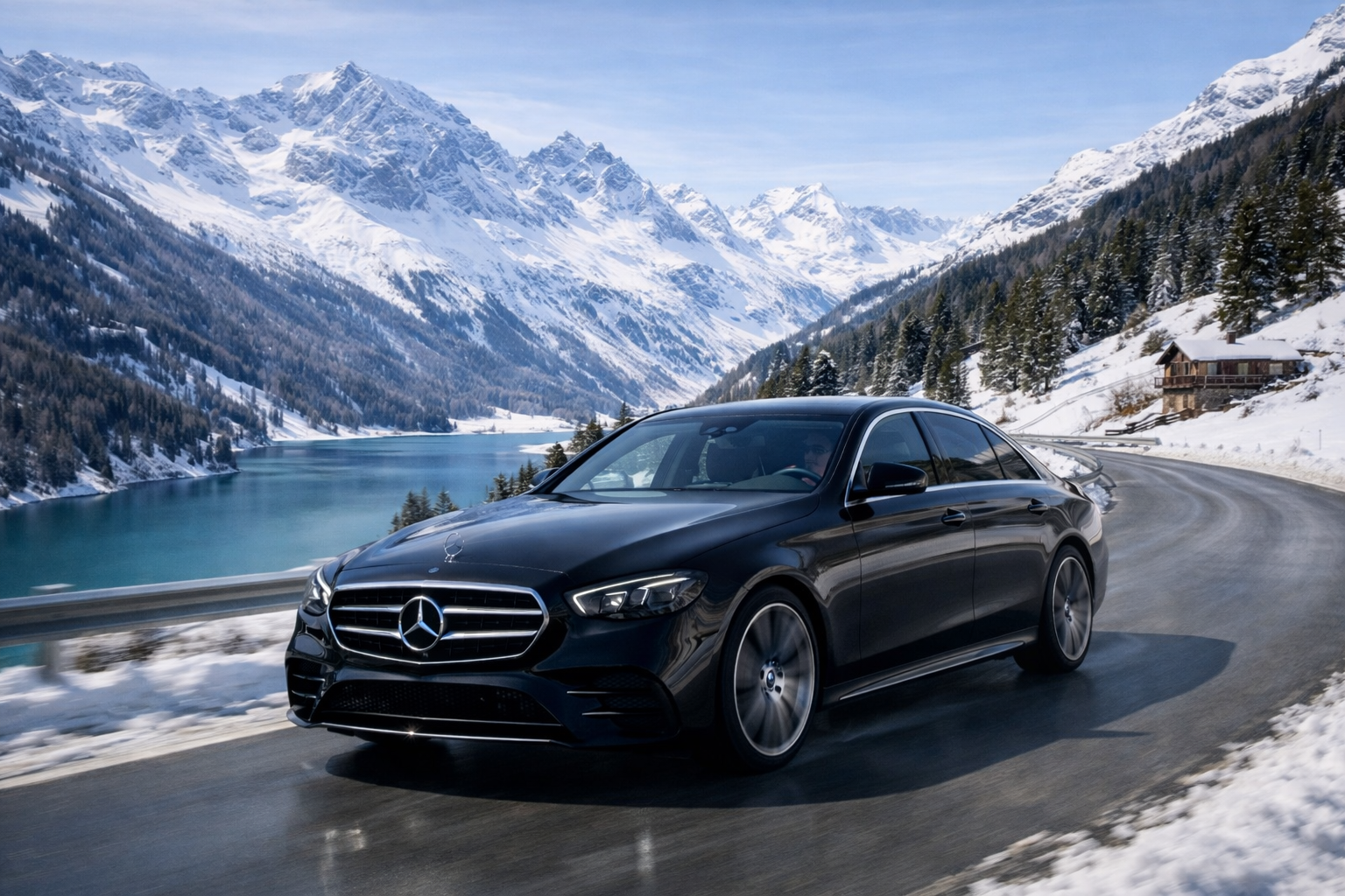 Mercedes Classe E noire roulant à Davos dans les Alpes suisses pour service de chauffeur privé et transport VIP