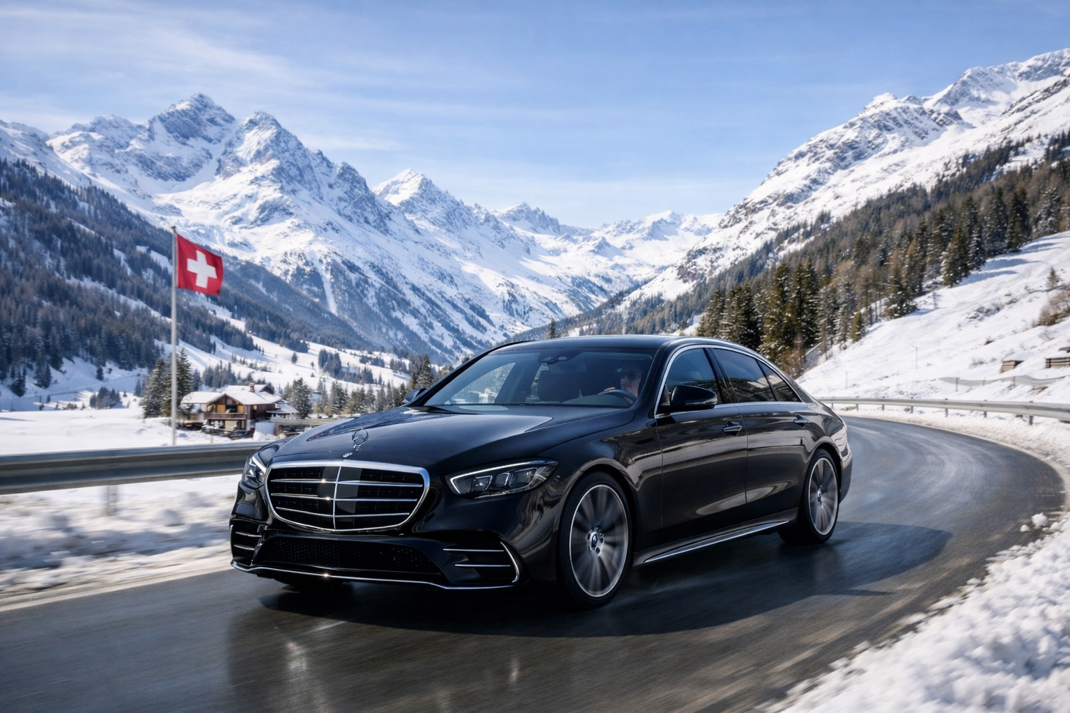 Mercedes Classe S noire roulant dans les Alpes suisses enneigées pour service de limousine et chauffeur privé haut de gamme
