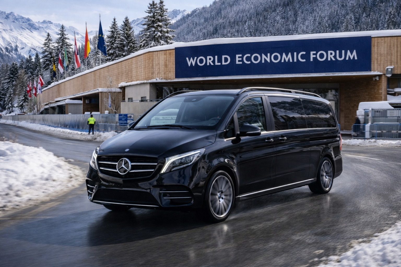 Mercedes Classe V avec chauffeur privé devant le World Economic Forum à Davos, idéale pour transport VIP et événements internationaux.