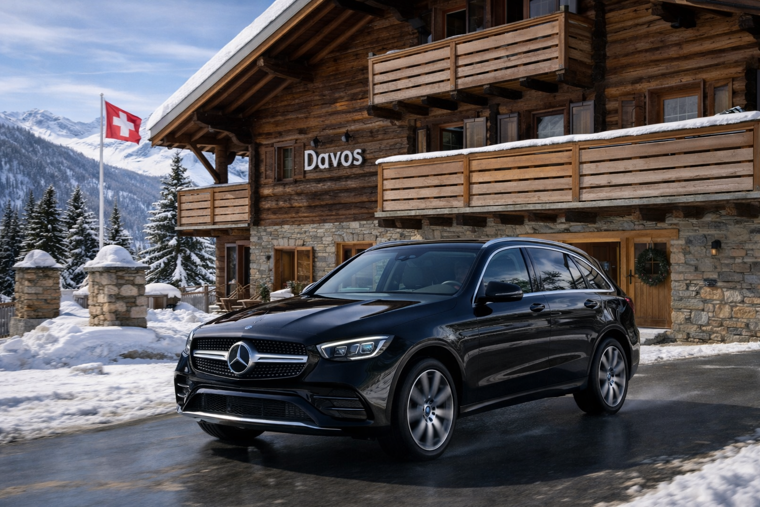 Mercedes GLC avec chauffeur privé à Davos devant chalet de luxe pour transport VIP en Suisse