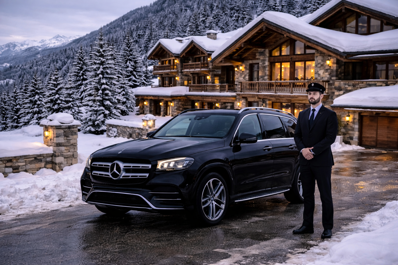 Mercedes GLS avec chauffeur privé devant chalet de luxe à Davos pour transport VIP haut de gamme en Suisse.